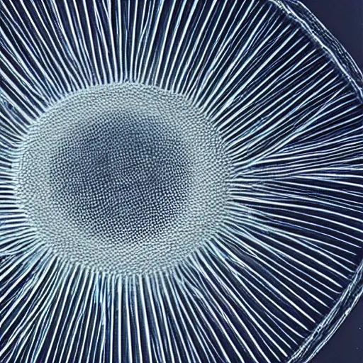 Prompt: dark field microscopy photograph of a diatom symmetrical, beautiful colours