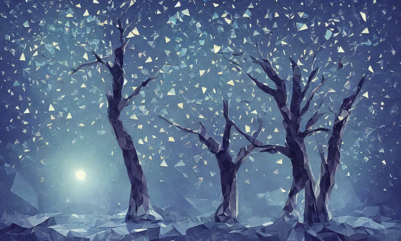 Prompt: a beautiful artwork of a tree with low poly crystal diamond leaves, night sky, translucid, pretty lights, pristine marble trunk, elegant, highly detailed, artstation, concept art, matte, sharp focus, art by artstation, pixiv