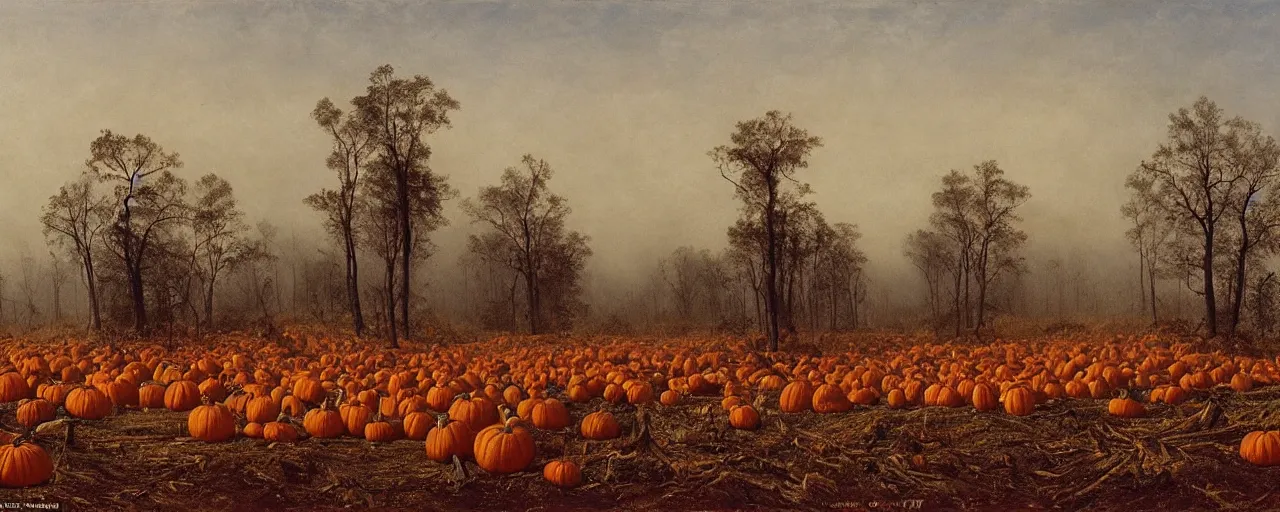 Prompt: a large pumpkin patch surrounded by dead trees in a spooky fog shrouded landscape, fall, matte painting, by Isaac Levitan, Frederic Church and Vasily Perov