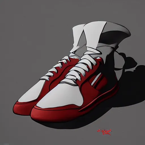 Prompt: concept art of a sneaker, end of everything, in the style of andrei riabovichev, peter mohrbacher, volumetric lighting, surreal, red + white + black complicated colors