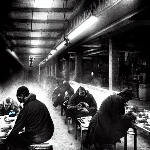 Image similar to Award Winning Editorial wide-angle picture of a Tramps in a new York Soup Kitchen by David Bailey and Lee Jeffries, The Last Supper