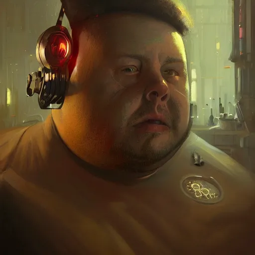 Image similar to portrait of an overweight cyborg barkeeper, robotic arms, ratz, neuromancer, bar background, painted by greg rutkowski, painted by igor kieryluk, high detail, dramatic light, digital art, trending on artstation