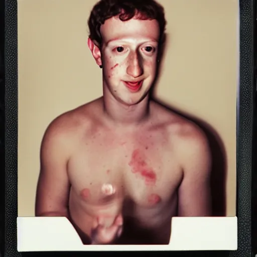 Image similar to mark zuckerberg pealing off his skin with him own hands to reveal the horrid thing underneath, polaroid photo