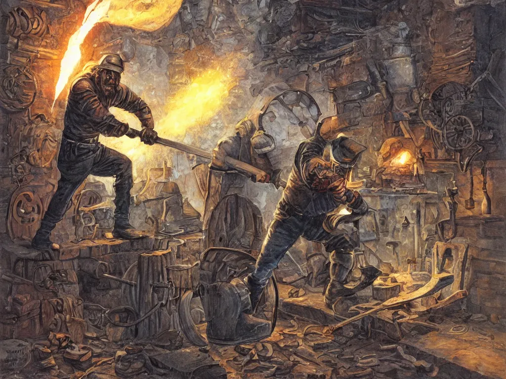 Prompt: an image of an old blacksmith striking an anvil with a hammer made out of lightning, victoria era noon, art by terese nielsen, scott fischer