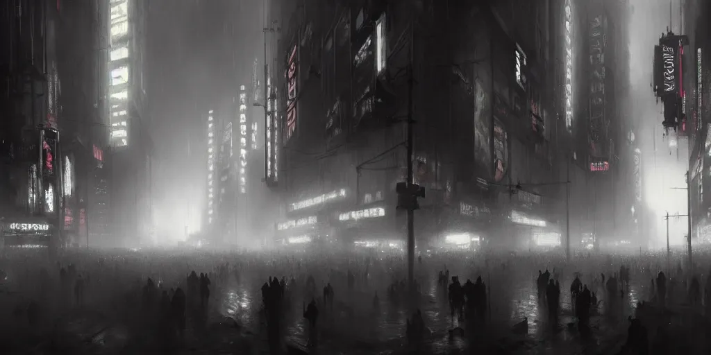 Image similar to beautiful painting by jeremy mann, large crowd in a cyberpunk street, still from blade runner movie, desaturated, oil painting, perfect composition, detailed octane render trending on artstation, volumetric fog, ominous, unsettling, 8 k artistic photography, volumetric cinematic perfect light