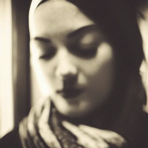 Image similar to portrait, scarf covering face, film noir, film grain, lit from the rear,