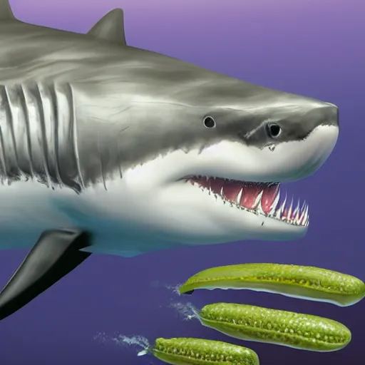 Image similar to great white shark eating pickles. hyperdetailed photorealism