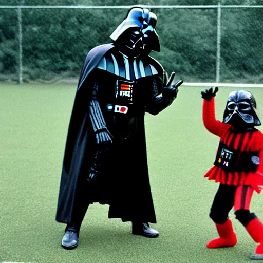 Prompt: Darth Vader playing soccer together with Elmo and Freddy Krueger