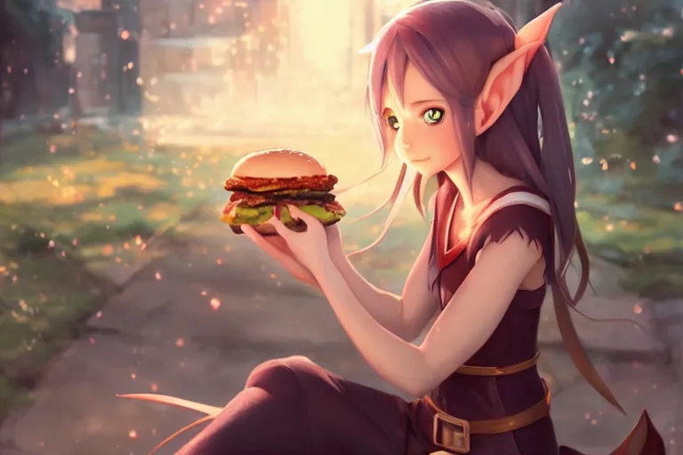 Prompt: adorable elf girl eating a burger, single subject, scenic full shot, ambient lighting, white hair, detailed face, by makoto shinkai, stanley artgerm lau, wlop, rossdraws