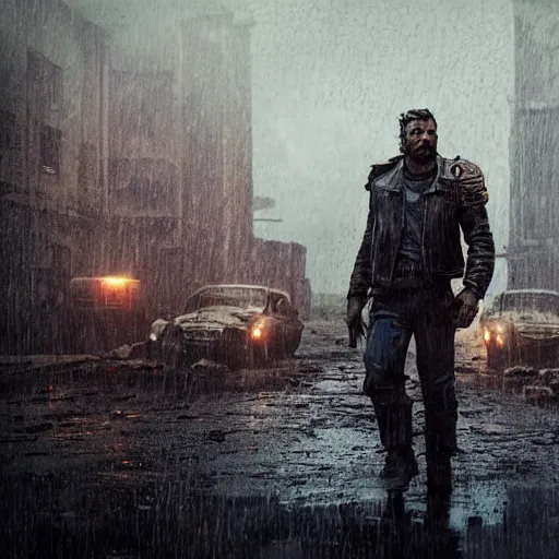 Image similar to fallout 5, charismatic imposing rugged mad max inspired protagonist, portrait, outdoors european cityscape, atmospheric lighting, painted, intricate, volumetric lighting, beautiful, daytime, wet, rainy, foggy weather, slight overcast, sharp focus, deep colours, ultra detailed, by leesha hannigan, ross tran, thierry doizon, kai carpenter, ignacio fernandez rios