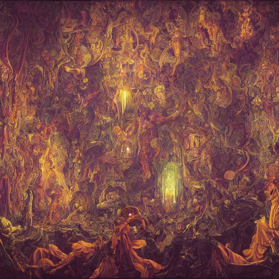 Prompt: intricately detailed religious scifi painting of occultist scientists doing blood sacrifices to summon extradimensional gundam, occult giant robot power armor etched with glowing magical runes by m. c. escher, beeple, greg rutkowski and alphonse mucha. 8 k hd resolution, chihuly