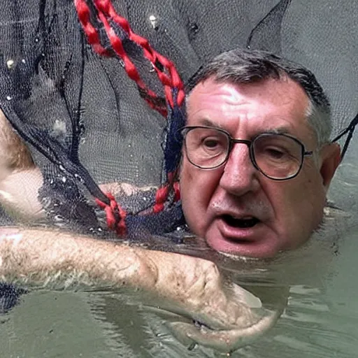 Prompt: vojislav seselj stuck in a fishing net, underwater, struggling