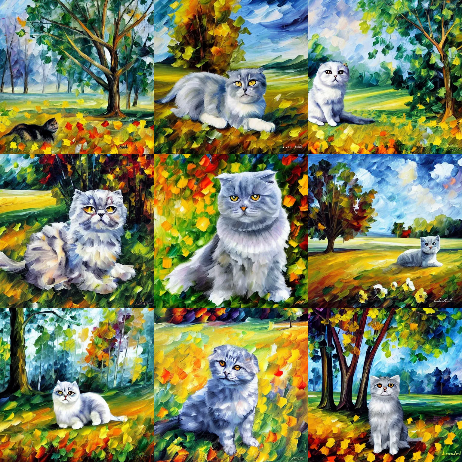 Prompt: a gray scottish fold sitting in the middle of sunny meadow, by leonid afremov