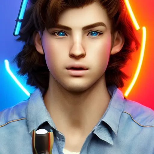 Prompt: a handsome young man with sandy brown hair and blue eyes singing into a neon blue microphone headset posing on stage. dynamic pose. line of action. concert. cinematic lighting. medium shot photorealistic. hyper realism. ray tracing hdr. intricate detailed masterpiece. by bouguereau and shigenori soejima. lifelike.