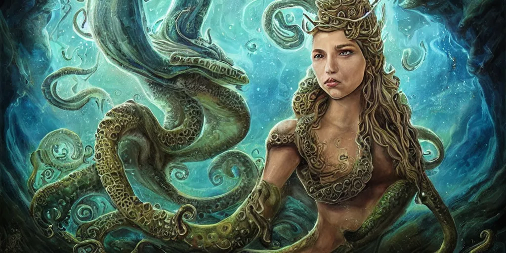 Prompt: Fantasy fairytale style portrait painting, Great Leviathan Turtle, cephalopod, Cthulhu Squid, hybrid, Mythic Island, center Universe, accompany Cory Chase, Blake Lively, Anya_Taylor-Joy, Grace Moretz, Halle Berry, Mystical Valkyrie, Anubis-Reptilian, Atlantean Warrior, hybrid, intense fantasy atmospheric lighting, digital oil painting, hyperrealistic, François Boucher, Michael Cheval, Oil Painting, Cozy, hot springs hidden Cave, candlelight, natural light, lush plants and flowers, Spectacular Mountains, bright clouds, luminous stellar sky, outer worlds, Jessica Rossier, michael whelan, William-Adolphe Bouguereau, HD,