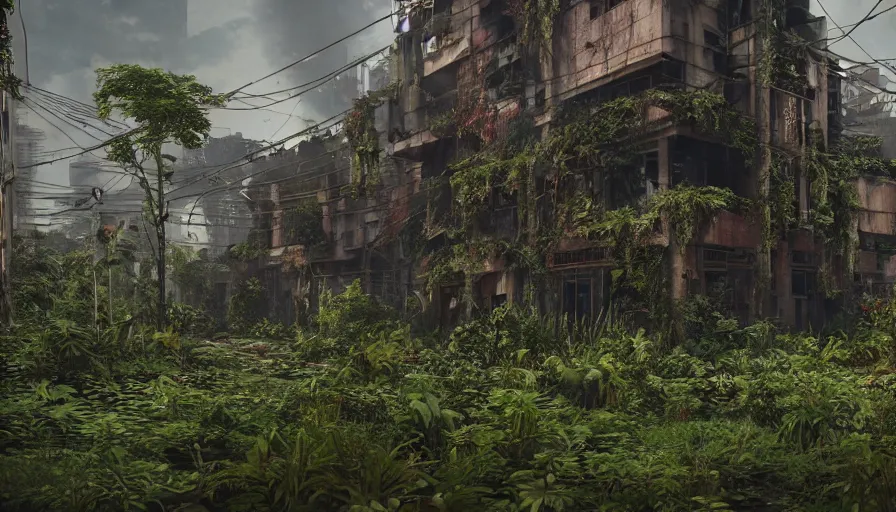 Image similar to Abandoned Building Overgrown by beautiful plants, Dystopian Slum, Hyperrealism, Hyperdetailed, Intricate Details, Anamorphic Lens, Cinematic Lighting, Volumetric Lights, Raytracing Reflections, Unreal Engine 5