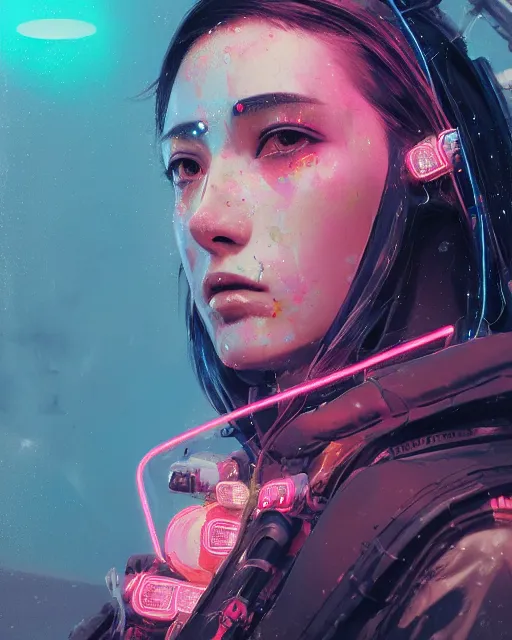 Image similar to detailed side profile portrait Neon Operator Girl, cyberpunk futuristic neon, reflective puffy coat, decorated with traditional Japanese ornaments by Ismail inceoglu dragan bibin hans thoma greg rutkowski Alexandros Pyromallis Nekro Rene Maritte Illustrated, Perfect face, fine details, realistic shaded, fine-face, pretty face