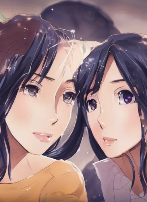 Image similar to two beautiful mothers sitting across from each other, summer clothes, gorgeous faces, thick lines, cinematic lighting, detailed anime art