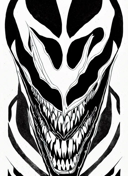 Image similar to symmetry concpet art, full shot, traditional ink, sketch, of venom, line sketch, intricate, elegant, highly detailed, monochrome, digital painting, artstation, concept art, sharp focus, illustration, art by borderlands 3 and peter polach