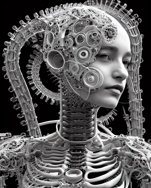 Image similar to mythical black and white organic bio-mechanical spinal ribbed profile face portrait detail of mechanical beautiful female angelic-vegetal-cyborg, highly detailed, intricate steampunk ornate, poetic, 3D render, digital art, octane render, 8K artistic photography, photo-realistic, by Dora Maar