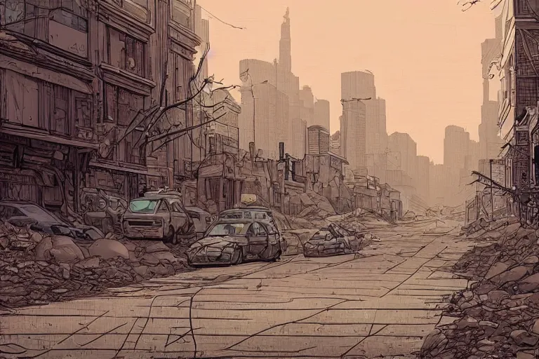 Prompt: A post apocalyptic city street, in the style of Moebius