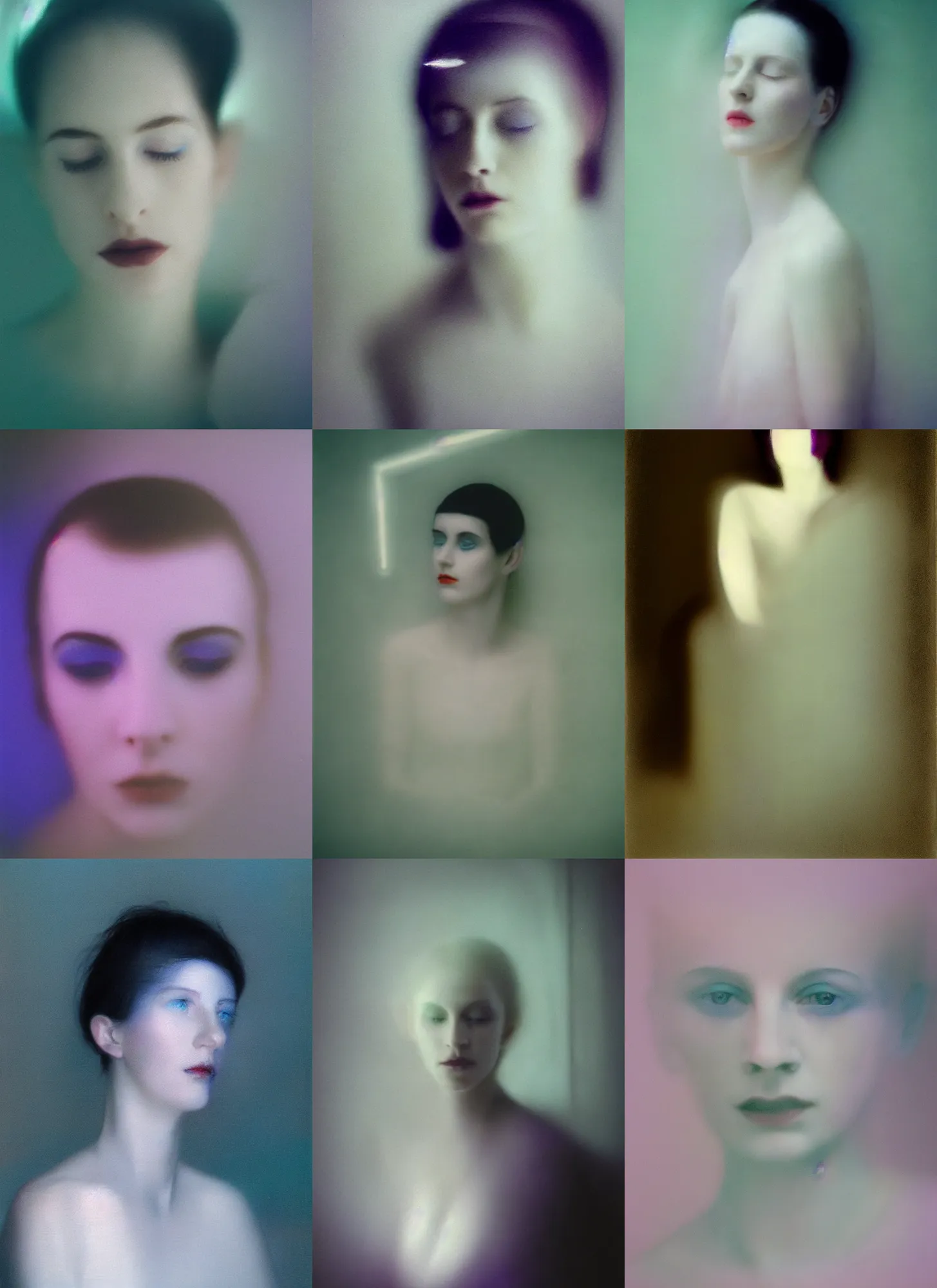 Prompt: violet and aqua neon lights, out of focus photorealistic portrait of a beautiful aesthetic pale woman by sarah moon, very blurry, translucent white skin, closed eyes, foggy