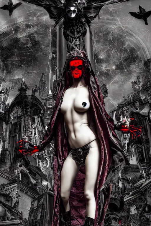 Image similar to full-body cyberpunk style sculpture of a young beautiful dark priestess, half android with a head opening exposing circuitry, glowing red eyes, black roses, flowing blood red colored silk, fabric, candles. baroque elements, human skull. full-length view. baroque element. intricate artwork by Caravaggio. crows flying in background. Trending on artstation, octane render, cinematic lighting from the right, hyper realism, octane render, 8k, depth of field, 3D