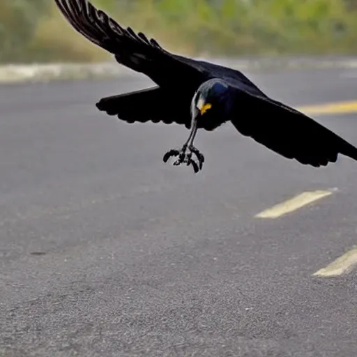 Image similar to a very HD and realistic photo of a crow flying over an accident, people used to say that the crow is the incarnation of the spirit of the accident victim who died