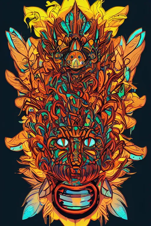 Image similar to animal mask totem roots flower tribal feather gemstone plant wood rock shaman vodoo video game vector cutout illustration vivid multicolor borderlands comics by josan gonzales and dan mumford radiating a glowing aura