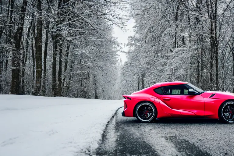 Image similar to A Toyota supra parked in a road with trees, Winter season, Epic photography, taken with a Canon DSLR camera, 50 mm, depth of field