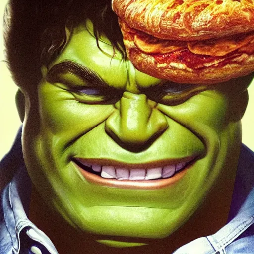 Prompt: A high definition and realistic photo of a smiling incredible hulk drinking a cup of coffee and eating pizza and croissant on a couch in his living room, hyperdetailed, artstation, digital art, photorealism, accurate, 8k,