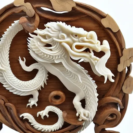 Image similar to an ivory carving sculpture of a chinese dragon winding around intricate wooden structures