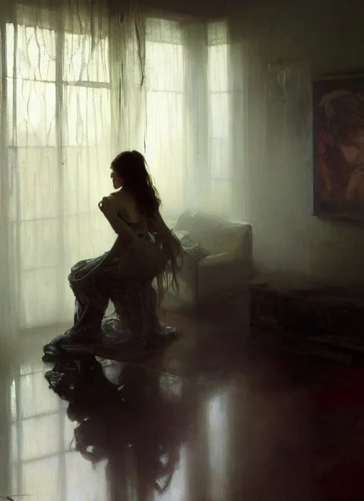 Image similar to a portrait of beautiful woman sitting in the floor, inside a modern apartment, detailed oil painting, misty, ethereal, dramatic lighting, 8 k, by jeremy mann and ruan jia and alphonse mucha