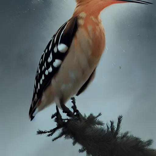 Image similar to hoopoe with open crest in avila pinewood, 4 k, concept art, by wlop, ilya kuvshinov, artgerm, krenz cushart, greg rutkowski, pixiv. cinematic dramatic atmosphere, sharp focus, volumetric lighting, cinematic lighting, studio quality