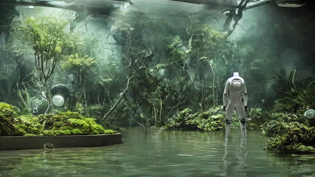 Image similar to Futuristic astronaut in an empty dark flooded ballroom overgrown with aquatic plants, film still from the movie directed by Denis Villeneuve with art direction by Salvador Dalí, wide lens