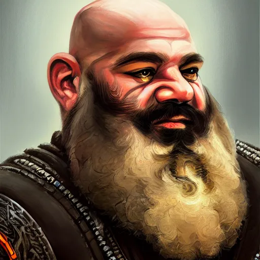 Image similar to portrait painting of a dwarven modern biker, sharp focus, award - winning, trending on artstation, masterpiece, highly detailed, intricate. art by merwild and ernesto irawan and rachel denton