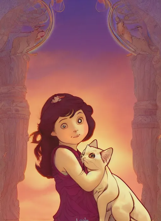 Image similar to well - lit art nouveau portrait of a 1 3 - year old girl playing with a kitten at sunset, natural lighting, path traced, highly detailed, high quality, cartoon, digital painting, by don bluth and ross tran and studio ghibli