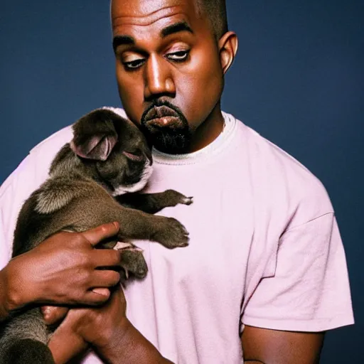 Image similar to Kanye West crying while holding a puppy for a 1990s sitcom tv show, Studio Photograph, portrait, very sad C 12.0