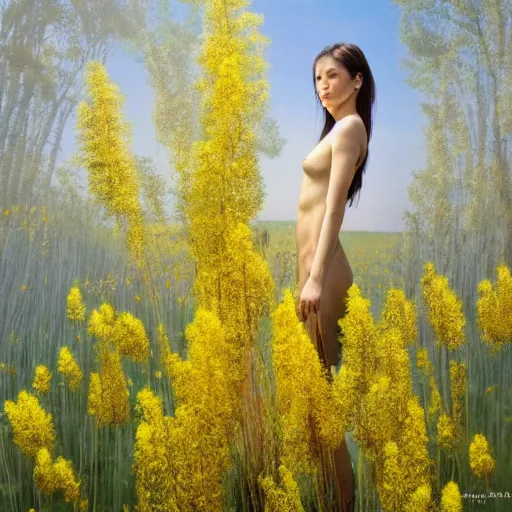 Image similar to hyper realistic photo human body made of golden wild flowers