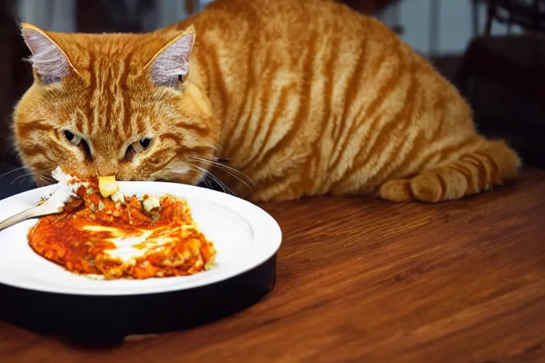 Image similar to large orange tabby cat eating lasagna by Emmanuel Lubezki