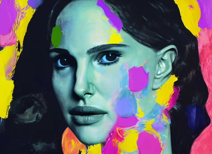 Prompt: portrait of natalie portman, by vincent lefevre and hernan bas and pat steir and hilma af klint, psychological, photorealistic, dripping paint, washy brush, rendered in octane, altermodern, masterpiece