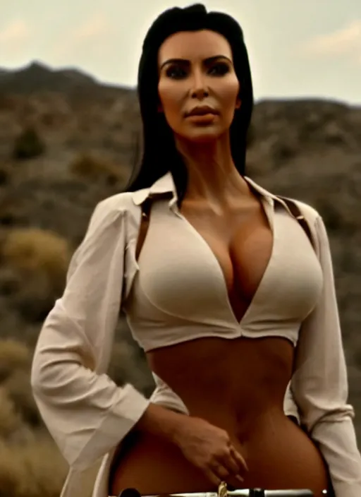 Image similar to film still of kim kardashian as clint eastwood in the movie a fist full of dollars, full-shot, 4k