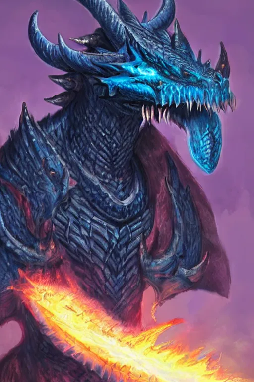 Image similar to a D&D character of a dark blue dragonborn with large tusks, half of his face flaming with blue flame, he wears a black dragon scales armor, D&D art
