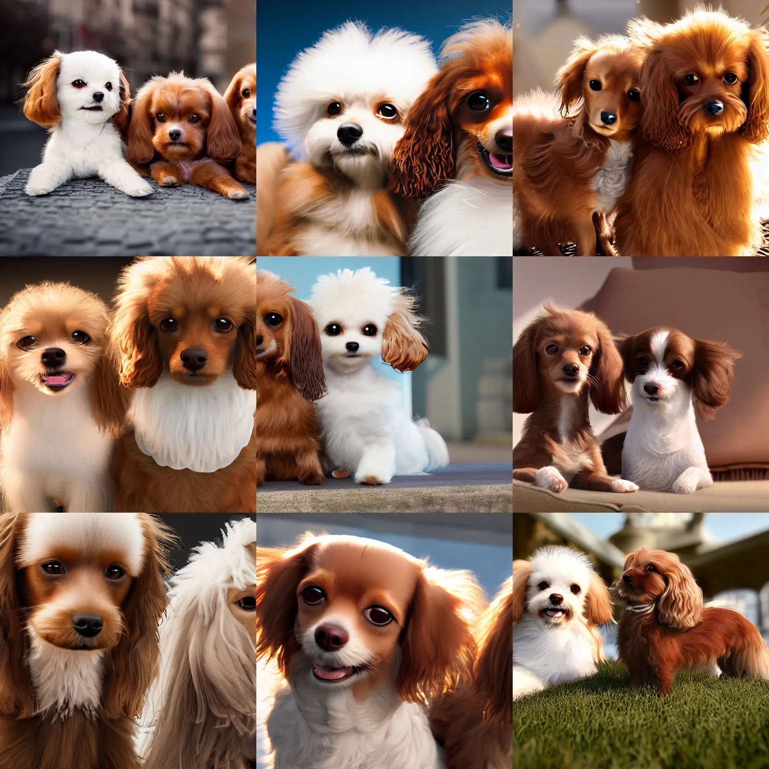 Prompt: a photorealistic closeup image of a cute brown colored long haired chihuahua cocker spaniel dog with a happy white bichon frise dog in paris. brightly lit. extreme detail. 4 k hd unreal engine