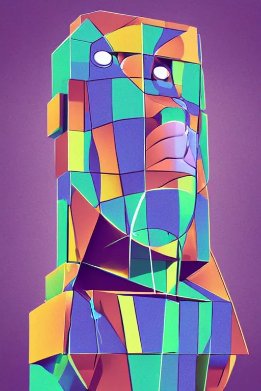 Image similar to cubist moai statue cutout digital illustration cartoon colorful beeple