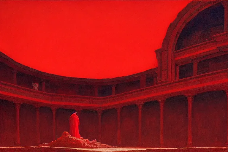 Image similar to only with red, a red melted emperor, taormina amphitheatre, crowd hails him, in the style of beksinski, parts by edward hopper, parts by rodcenko, parts by yue minjun, intricate and epic composition, red by caravaggio, insanely quality, highly detailed, masterpiece, red light, artstation, 4 k