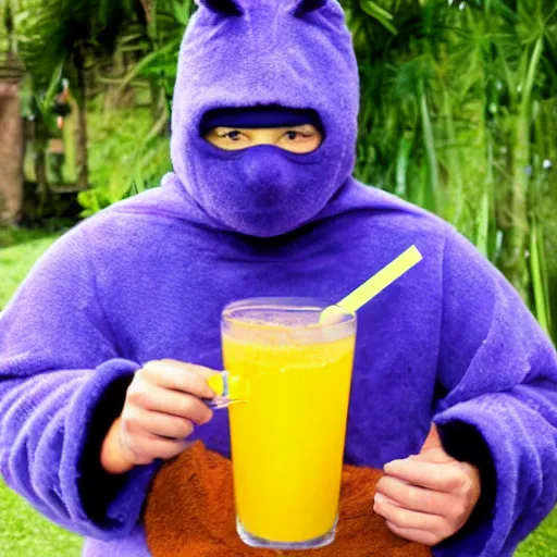 Prompt: Ninja teletubbie with Mate drink on hand