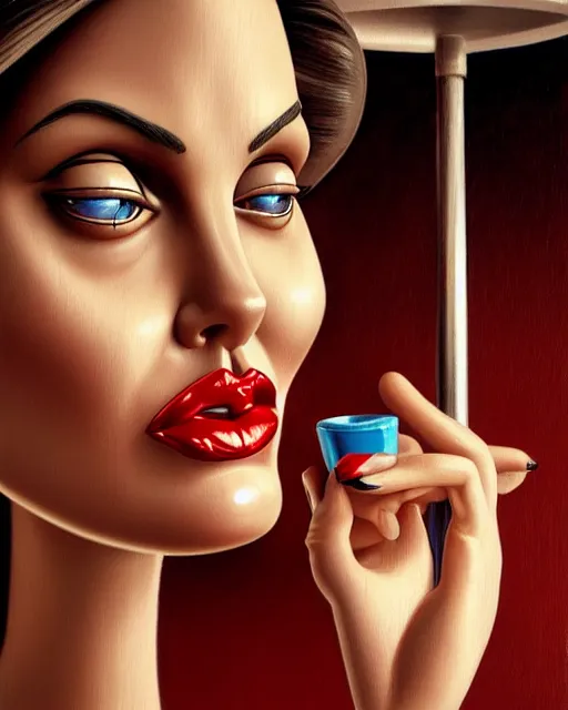 Image similar to closeup profile face profile portrait of a tin toy angelina jolie as a waitress in a diner, bikini, hyper realistic, artstation, illustration, concept art by bill ward, digital paint, matte paint, vivid colors, bright, cheerful, detailed and intricate environment