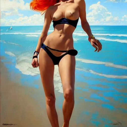 Prompt: greg manchess painting of tracer wearing a bikini in a beach, medium shot, organic painting, sunny day, bold shapes, hard edges, street art, trending on artstation, by huang guangjian and gil elvgren and sachin teng and artgerm and greg rutkowski and alphonse mucha