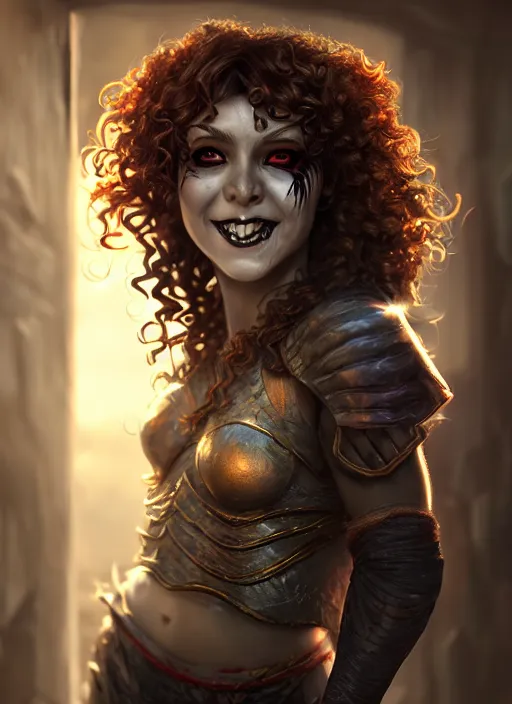 Prompt: an epic fantasy comic book style portrait painting of a girl wearing fantasy makeup with a mischievous smile and curly brown hair stepping out of a doorway with light shining behind her, unreal 5, daz, hyperrealistic, octane render, cosplay, rpg portrait, dynamic lighting